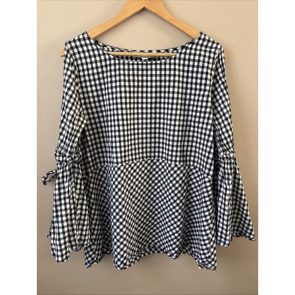 Ann Taylor Loft Tops - Ann Taylor LOFT Women’s Gingham Plaid Top, Tied Bell Sleeves, Size L Cottagecore